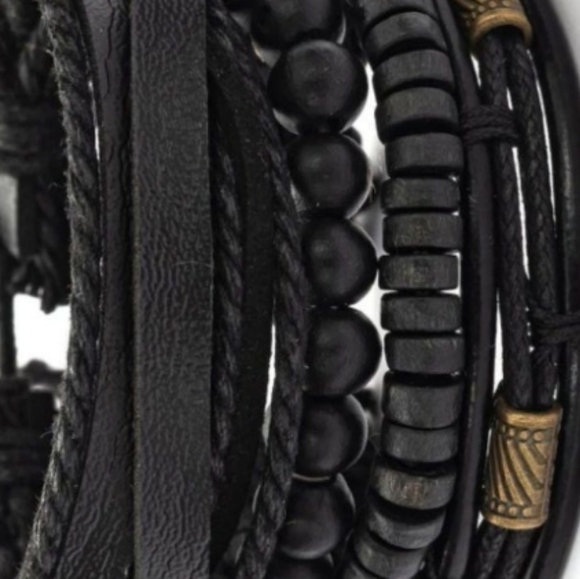 MENS Boho Beaded Leather Black Bracelet Set NEW 2 pieces in package. - Picture 3 of 7